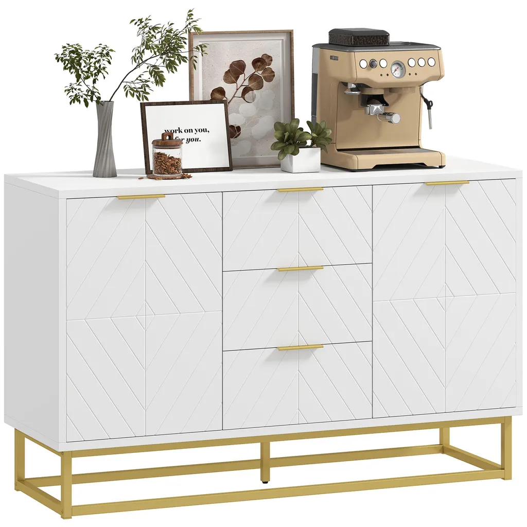 Meuble buffet design pour salon ou cuisine, rangement bois blanc et or