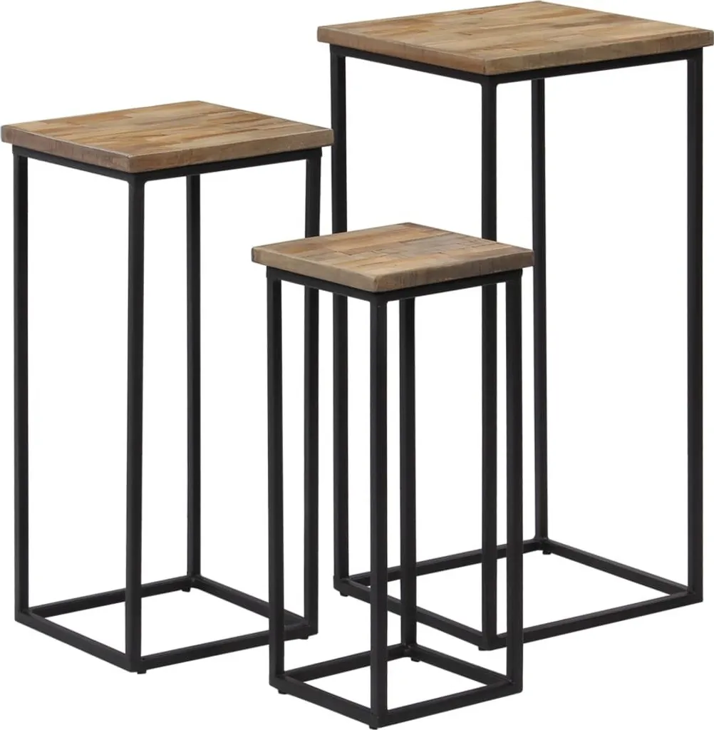 Lot de 3 tables gigognes carrées en bois massif recyclé et métal noir