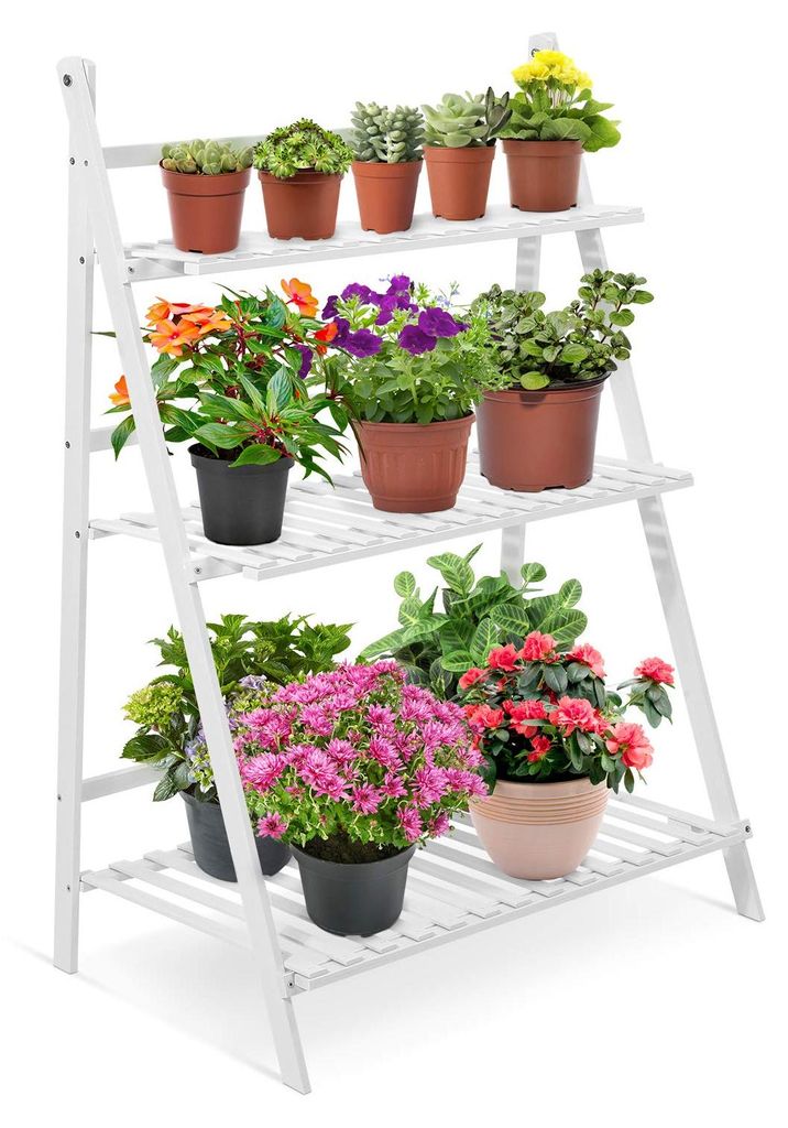 Pflanzenständer für Zuhause, 3-stöckig, Blumenregal mit mehreren Latten, kombiniertes Design für Haus und Garten, 70 x 40 x 96 cm (weiß)