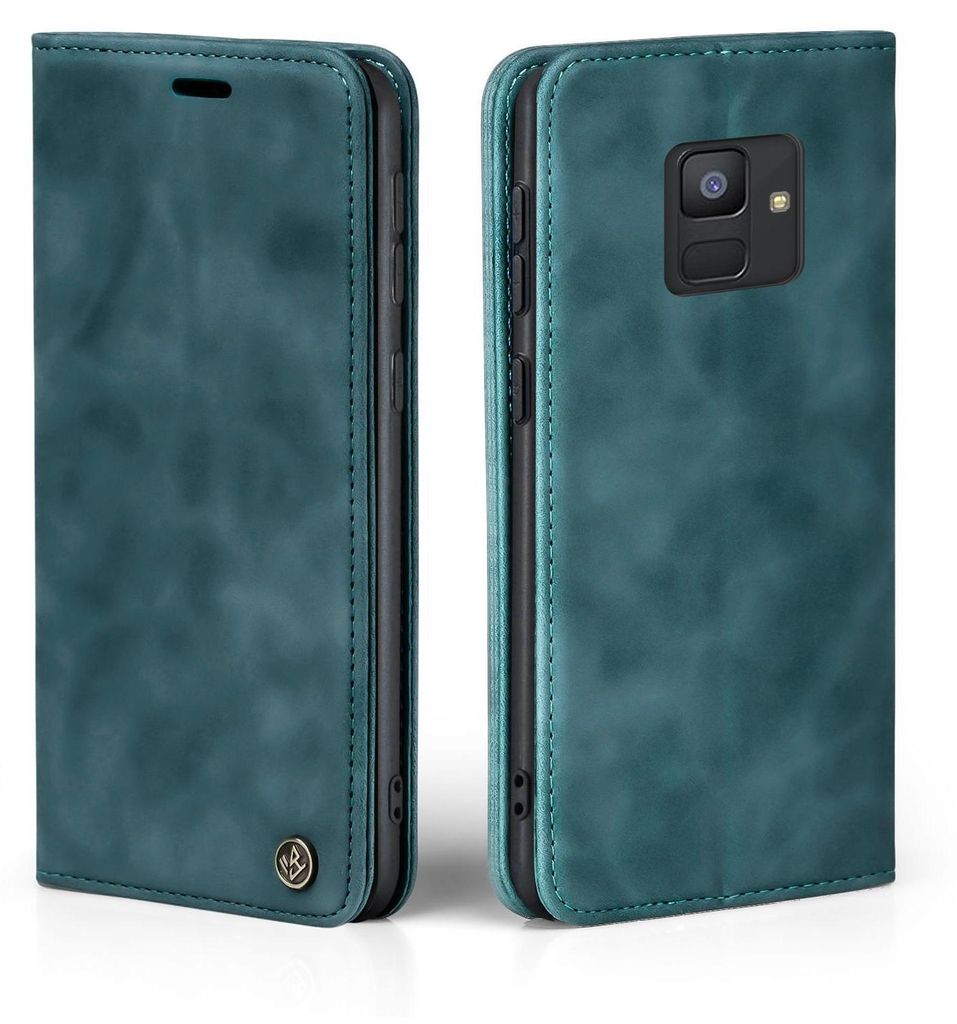 A teal flip case for a smartphone is shown from two angles, front and back.