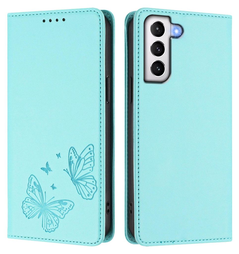 Lederhülle für Samsung Galaxy S21 5G, Schmetterling Prägung Leder Brieftasche Schutzhülle mit Ständer Türkis