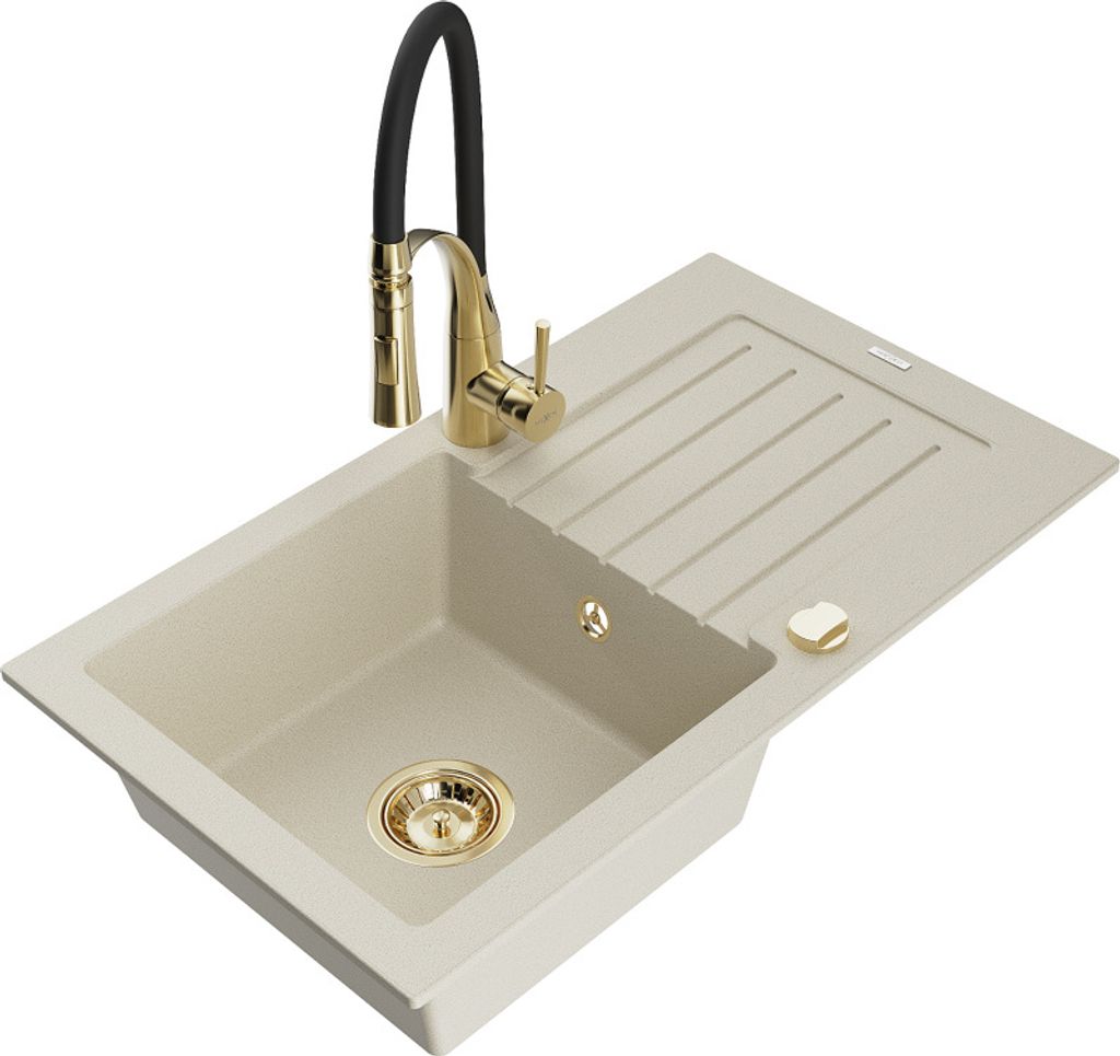 Mexen Pablo 1 Becken-Granitspüle mit Abtropffläche und Mischbatterie Aster, Beige - 510-69-73450-57-G