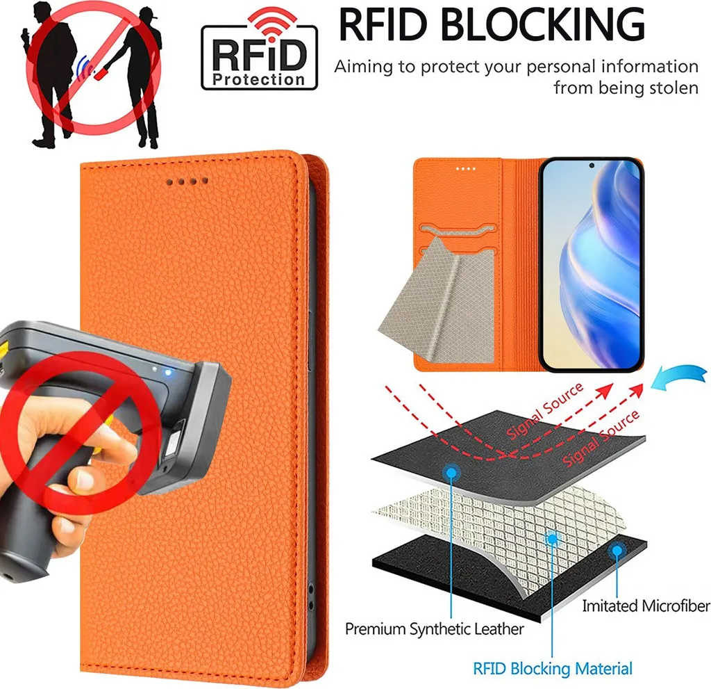 Cover Elegante Realme 10 Pro+ in Pelle Arancione con Slot Carte e Stand - 7