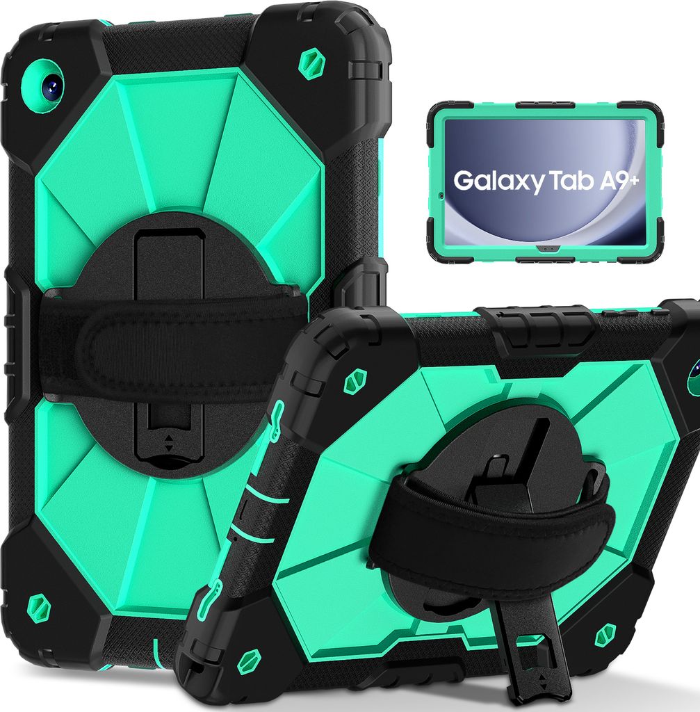 Hülle für Samsung Galaxy Tab A9 Plus /Tab A9+ 11" 2023 Tablette Schutzhülle Stoßfeste mit 360 Drehbarer Handschlaufe/Ständer Schwarz Türkis