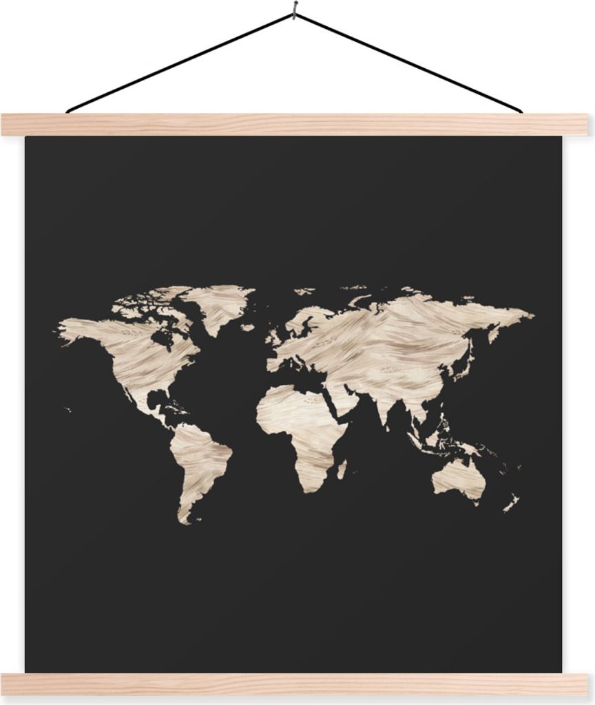 MuchoWow Textilposter Weltkarte - Schwarz - Beige 120x120 cm mit holzfarbenen Rahmen - Textil-Poster