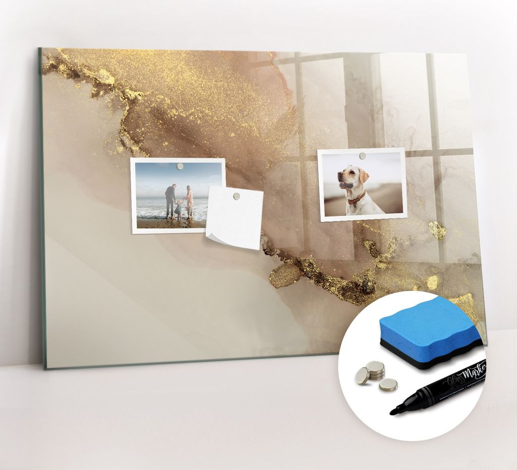 Magnetpinnwand Memoboard - Zubehörsatz - Schwarzer Marker + Schwamm + Magnete - 60 x 40 cm - Goldener Marmor