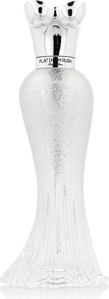 A perfume bottle shaped like a woman's torso and dress, with a glittery silver finish.