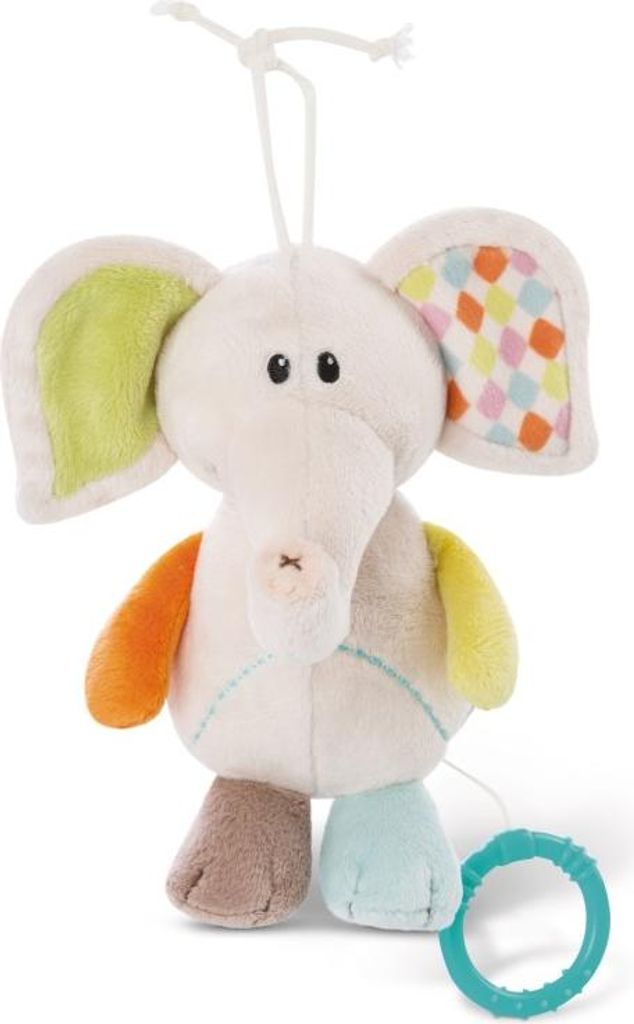 A plush toy elephant hanging by a string, with a pull-string mechanism at the bottom.