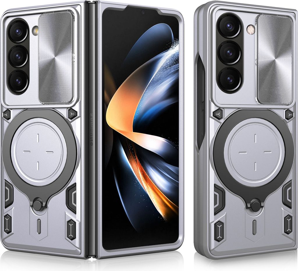 Handyhülle für Samsung Galaxy Z Fold 6 Dual-Layer Stoßfest Rüstung Hülle mit Dia Kameraschutz und Kreisförmig Ring Ständer Silber