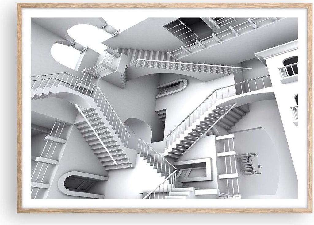 Gerahmtes Poster - Rahmen in heller Eiche - Wissenschaft Illusion Treppen - 100x70 cm - Wand Bild - Wanddeko - Wandbilder - Wandposter - Bilderrahm...