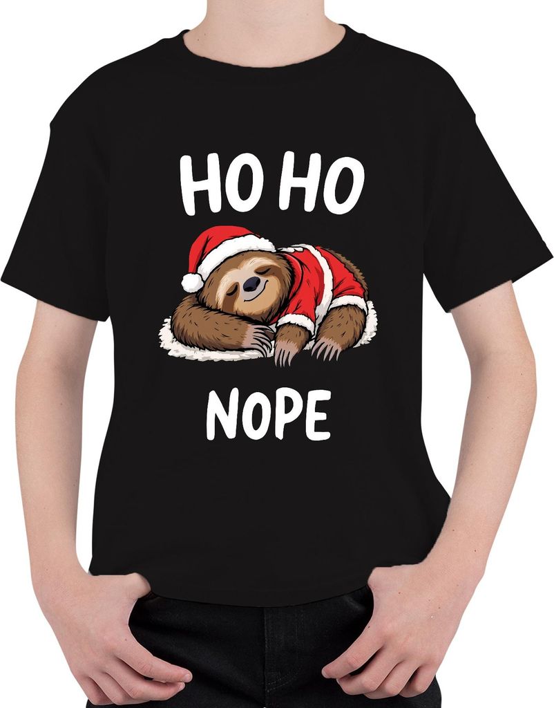 HO HO NOPE Faultier Weihnachtsmütze Schlafend Lustig Geschenk Uni Kinder T-Shirt, Schwarz, 128