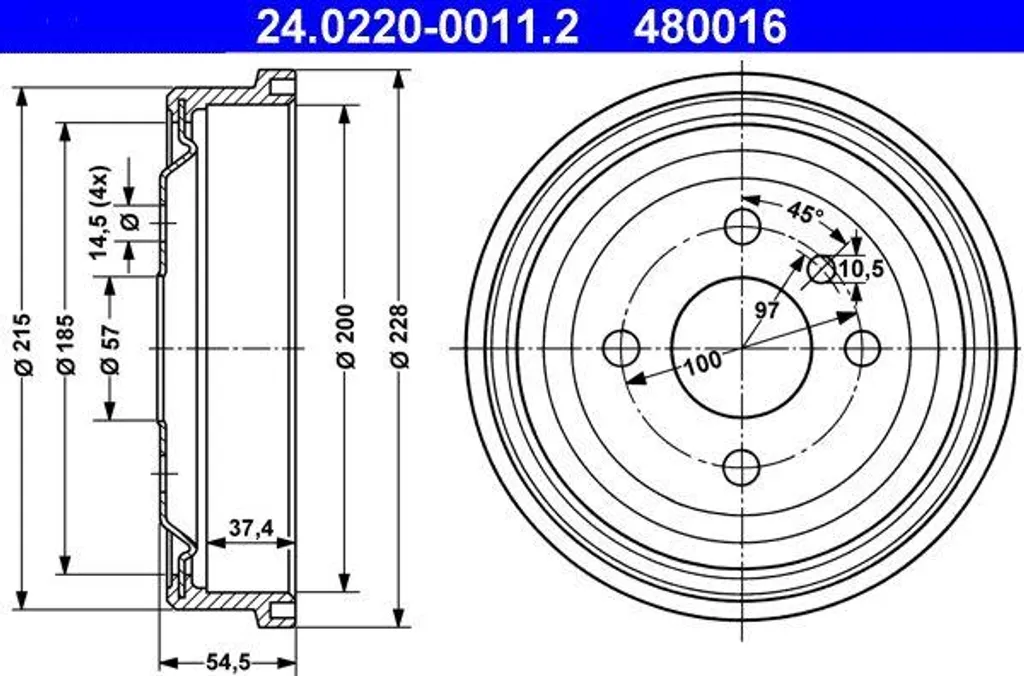 Tambour de frein ATE haute résistance 24.0220-0011.2 - Montage Astra F