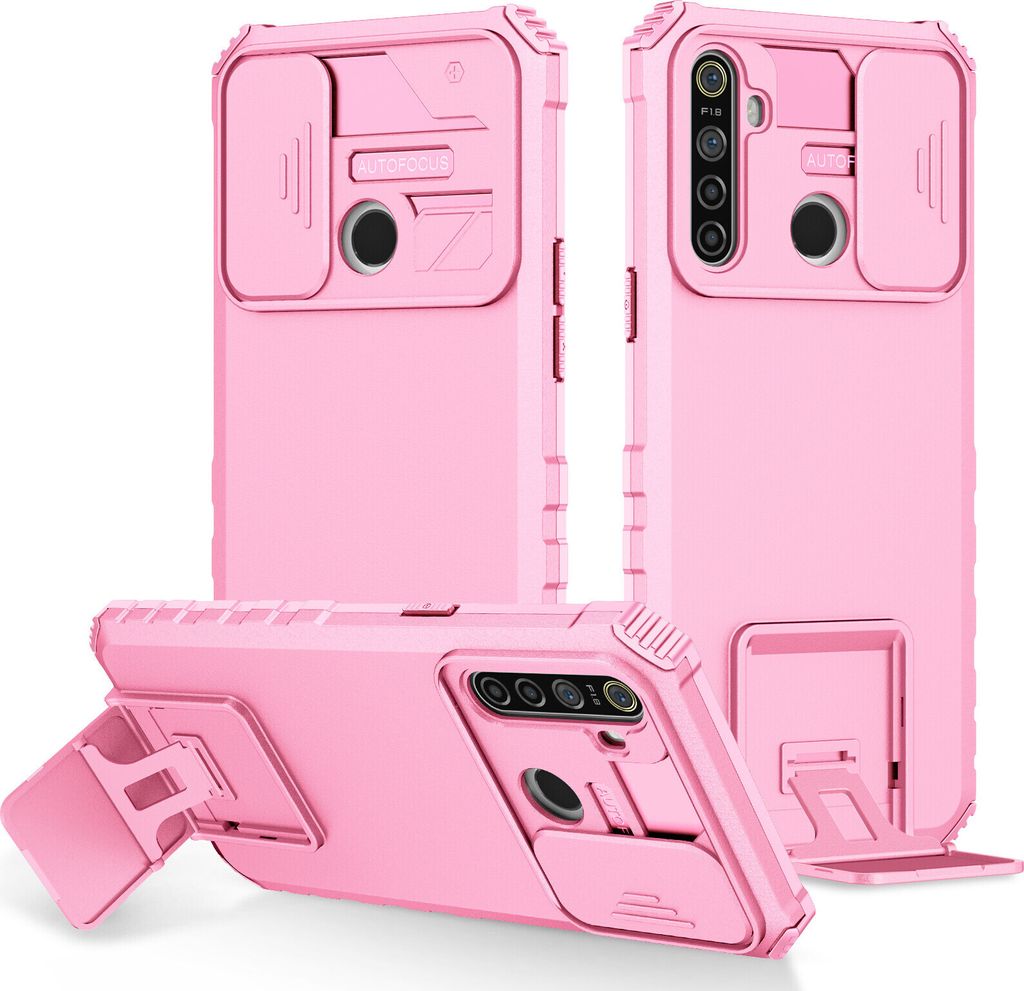 OPPO Realme 5 Hülle, Dual Layer Ständer Schutzhülle mit Schiebe Kamera Schutz für OPPO Realme 5 Pink