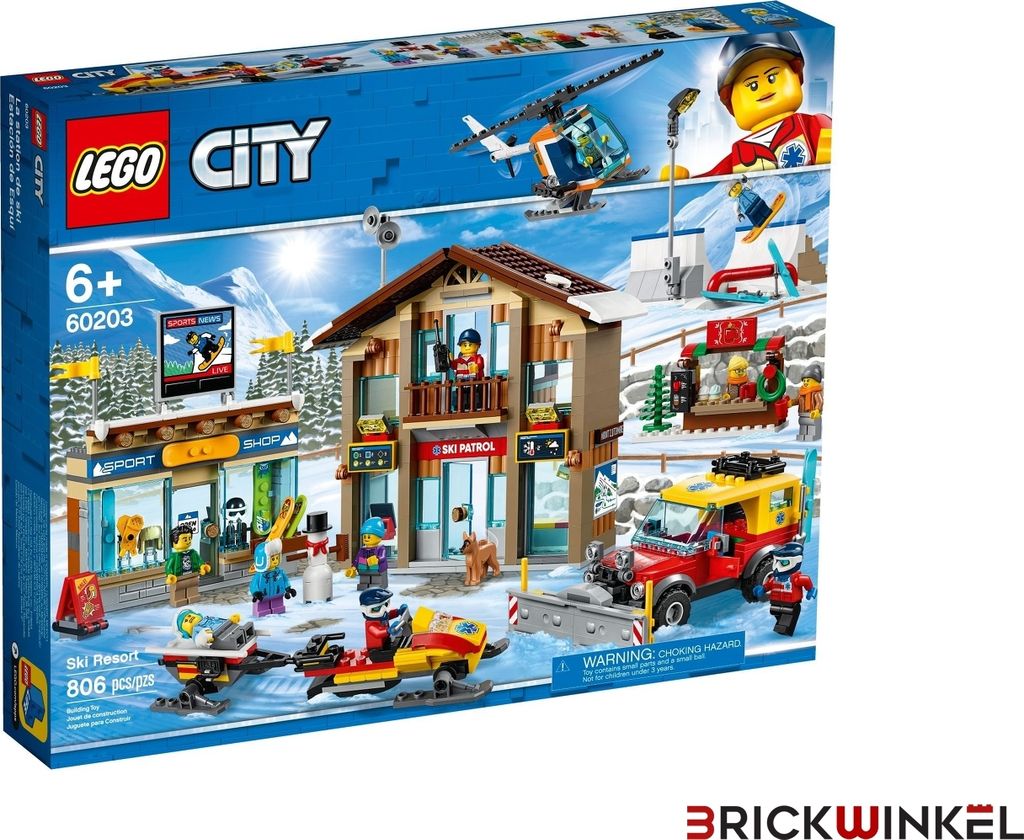 The image shows the packaging of a LEGO City Ski Resort playset, depicting the assembled toy in a snowy environment with various figures and vehicles.