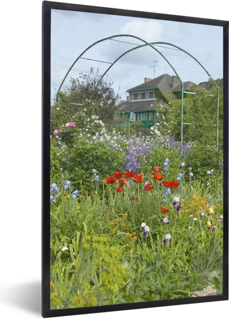 MuchoWow Gerahmtes Poster Monets Haus mit bunten Blumen im Garten in Giverny, Frankreich 60x90 cm - Poster mit Schwarzem Bilderrahmen Wandposter ...