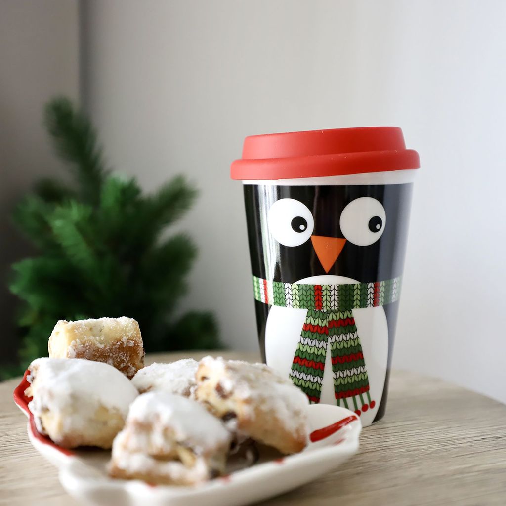 Porzellan Weihnachtsbecher to go 350ml Kaffeebecher Isobecher Thermobecher , Variante:Pinguin