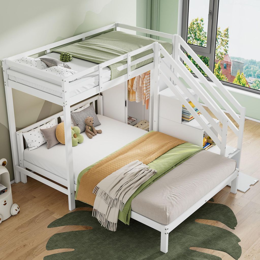Sweiko Etagenbett mit Garderobe, 90x200cm+140x200cm,Multifunktionales Kinderbett, Kinderetagenbett, Mit Aufbewahrungstreppe, Großer Stauraum,Ohne ...