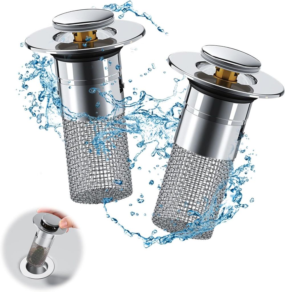 2-in-1 Waschbeckenstöpsel mit Abflusssieb, 2 Stk,Edelstahl, Produktbild 