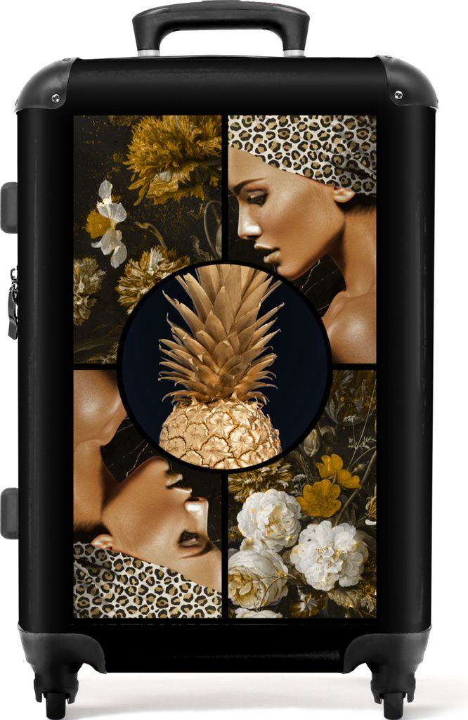 NoBoringSuitcases.com Großer Koffer - Frau - Blumen - Gold - Collage - Ananas - Kombinationsschloss TSA - Hartschalen Trolley 4 Rollen - 72 lite...