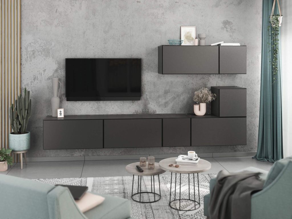 Wohnwand VARIANTO 2 Schrank Set 7 tlg., 266 cm, anthrazit matt / anthrazit matt, grifflos, stehend und hängend