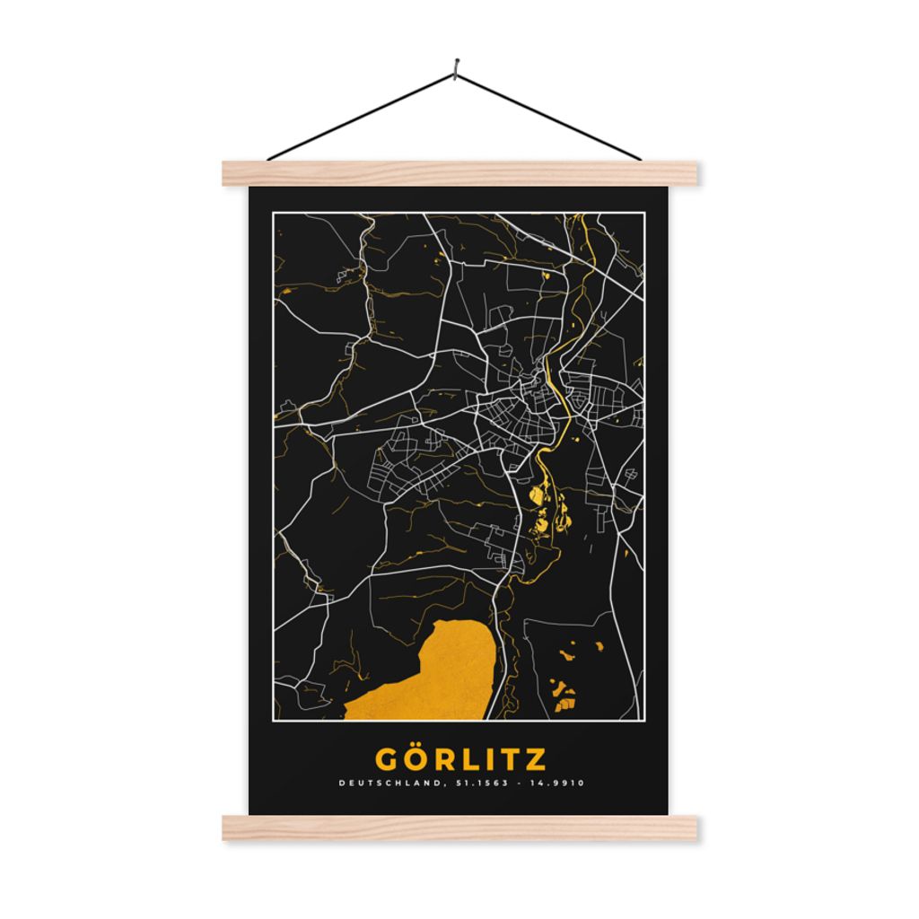MuchoWow Textilposter Karte - Görlitz - Gold - Stadtplan - Deutschland 60x90 cm mit holzfarbenen Rahmen - Textil