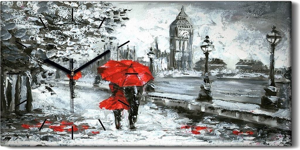 Dekor Leinwand Uhr Wandbilder 60x30 Regenschirm London Big Ben Baum Straße - schwarze Hände
