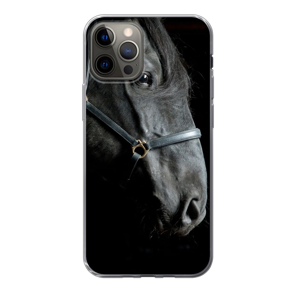 MuchoWow Handyhülle Schutzhülle Hülle für iPhone 12 Pro Pferd - Leicht - Schwarz Silikon Softcase Handy Hülle - Abdeckung