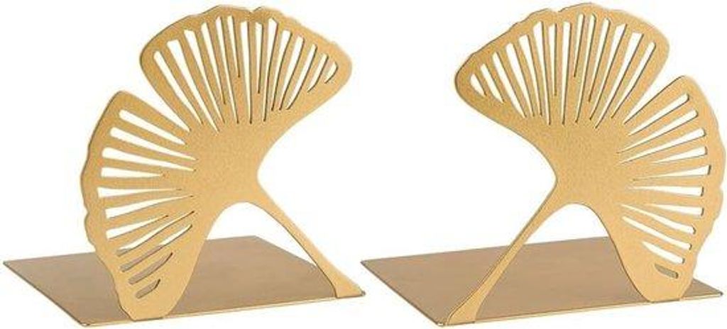 Ginkgo - Set aus 2 dekorativen Buchstützen aus goldfarbenem Metall mit geschnitztem Design