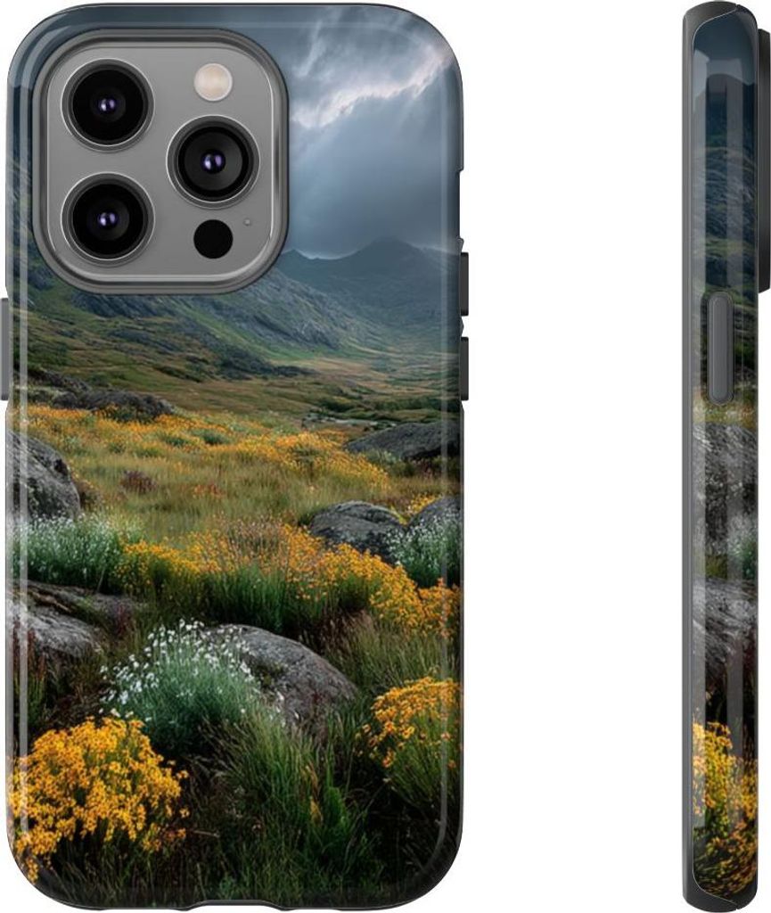 Berglandschaft mit Wildblumen – Hülle Kompatibel mit iPhone 14 Pro