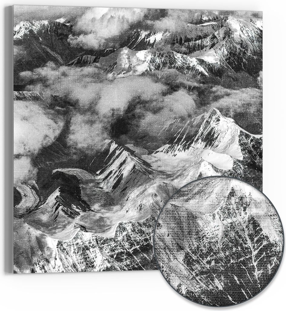 DEQORI Hybrid Leinwand Bild 50x50 cm 'Gipfel im Nebel' Wandbild Glas flach modern