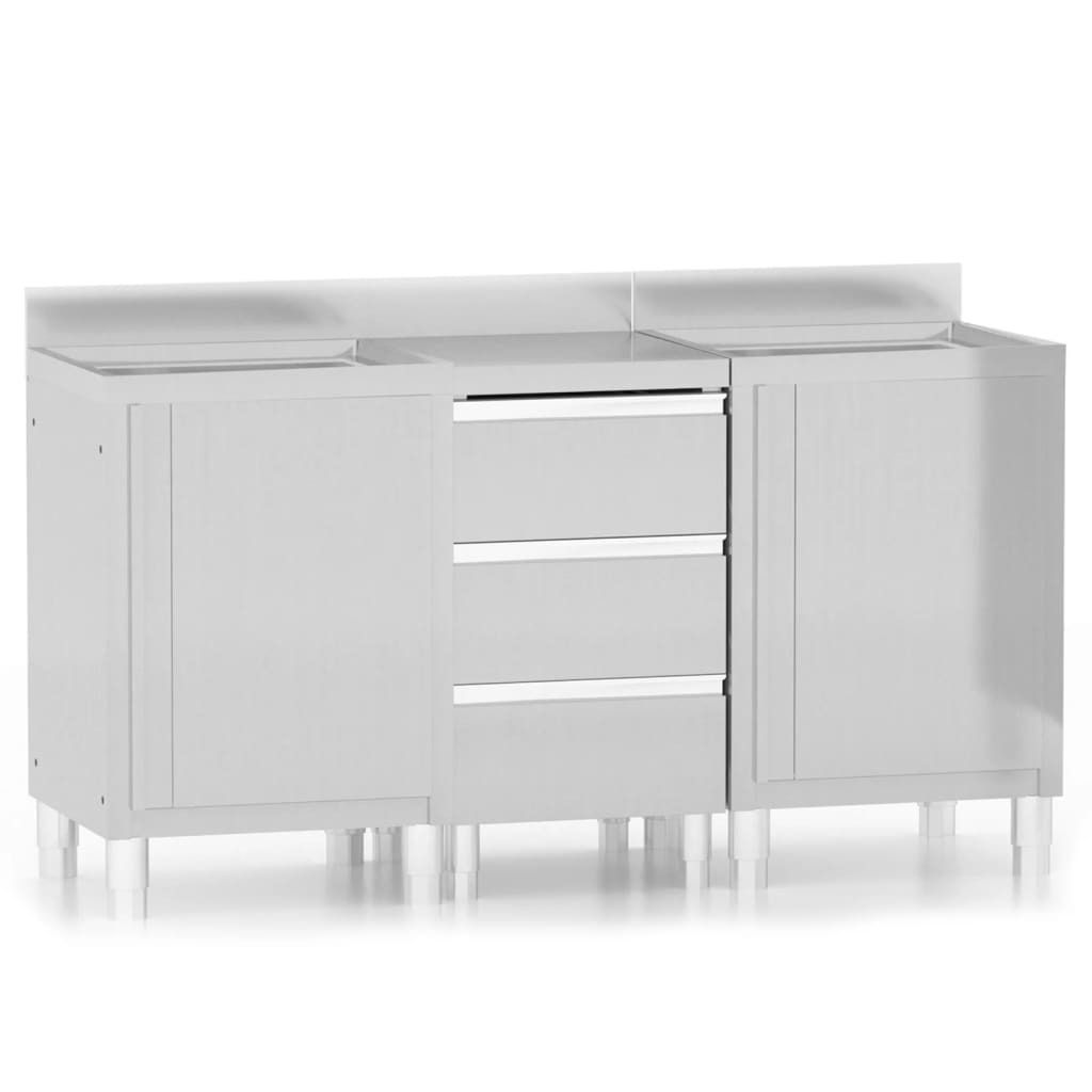 DELUKE Edelstahl Spülschrank mit Aufkantung LUCI, 2x Becken mit Staufach + 3er Schublade, Edelstahl Gastro-Arbeitstisch Gastro-Arbeitsschrank