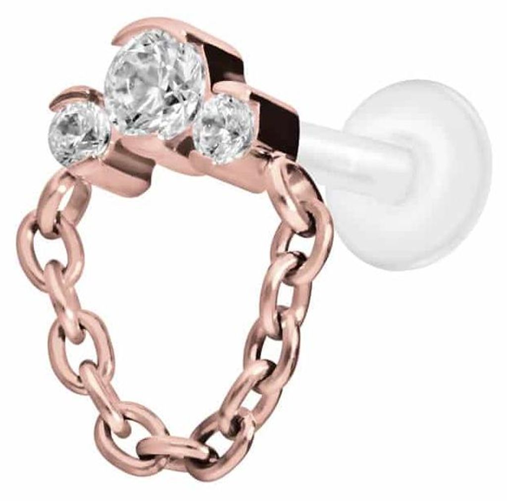 Ohrpiercing, Nasenpiercing PTFE Labret mit Innengewinde + Titan-Aufsatz 3 EINGEFASSTE KRISTALLE + KETTE RoséGold Stablänge: 7mm | Stabstärke: 1,2mm