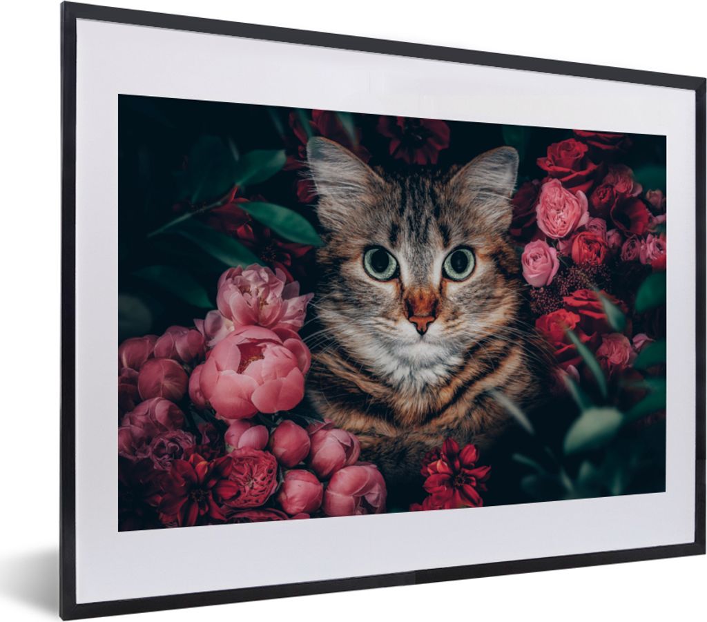 MuchoWow Gerahmtes Poster Katze - Blumen - Blätter - Botanisch 40x30 cm - Poster mit Schwarzem Bilderrahmen Wandposter Rahmen Foto Bilder - Bild...