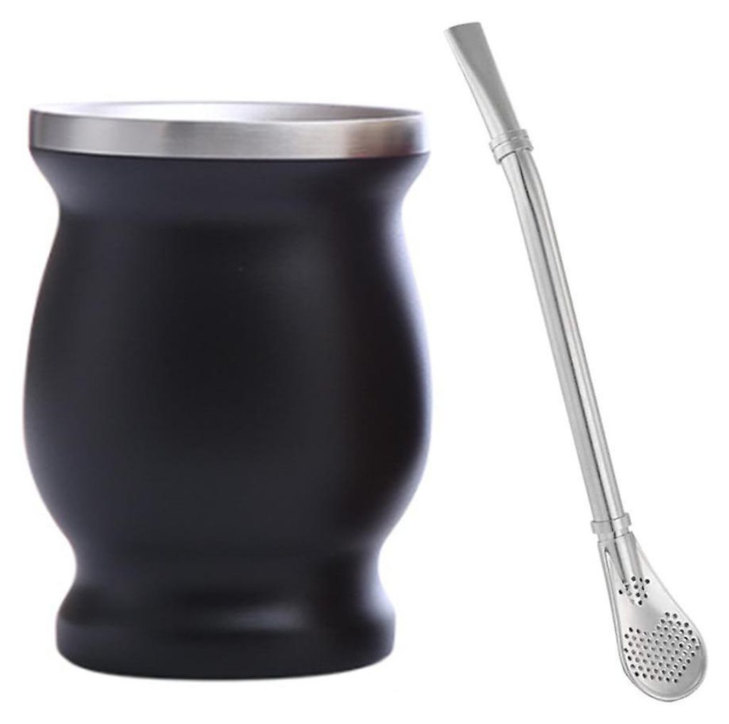 Mate-Becher aus Edelstahl, argentinische Kürbisform, doppelwandig, vakuumisoliert, leicht zu reinigen – Schwarz