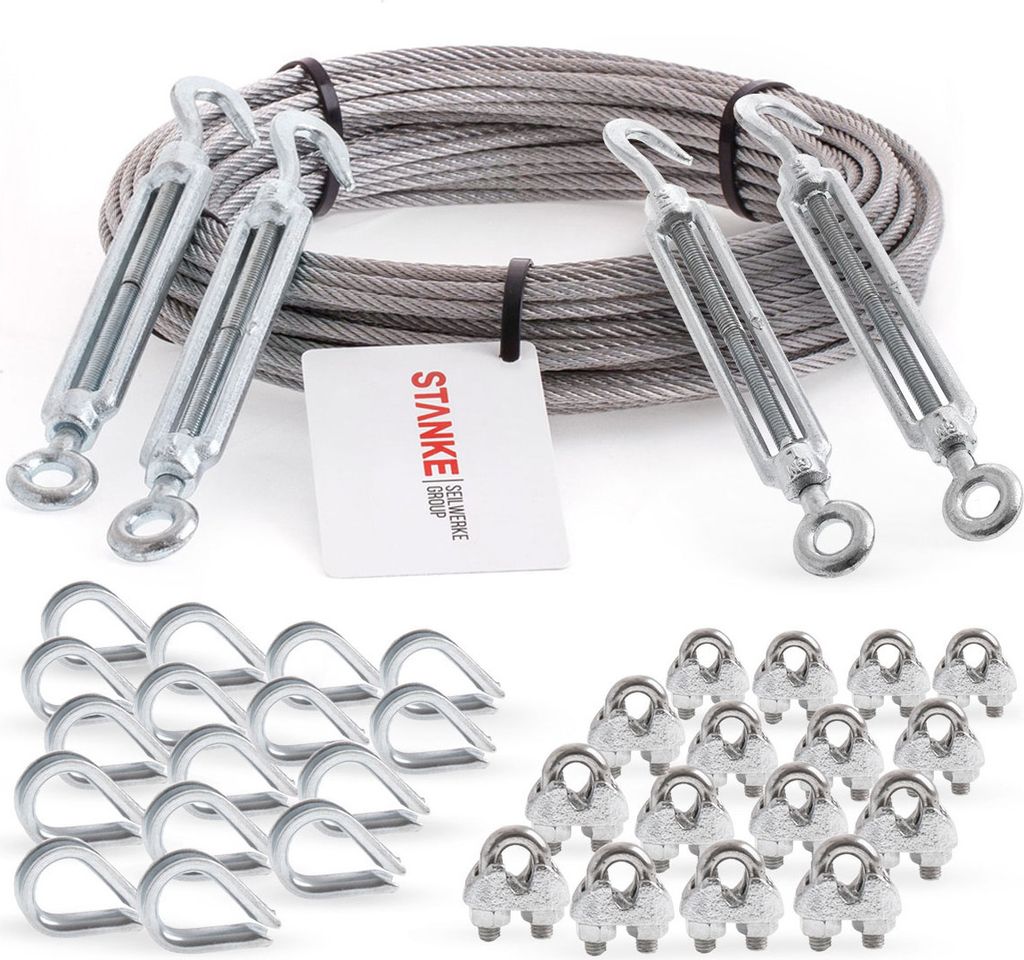 Seilwerk STANKE Rankhilfe Edelstahldrahtseil 10m V4A Edelstahlseil 5mm 7x7, 4x Spannschloss verzinkt M8 Haken+Öse, 16x Kausche V4A, 16x Bügelform...