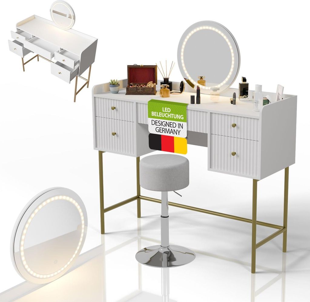Juskys Schminktisch Samira inkl. Hocker Tonia mit Touch-LED-Spiegel & 5 Schubladen – Weiß/Gold