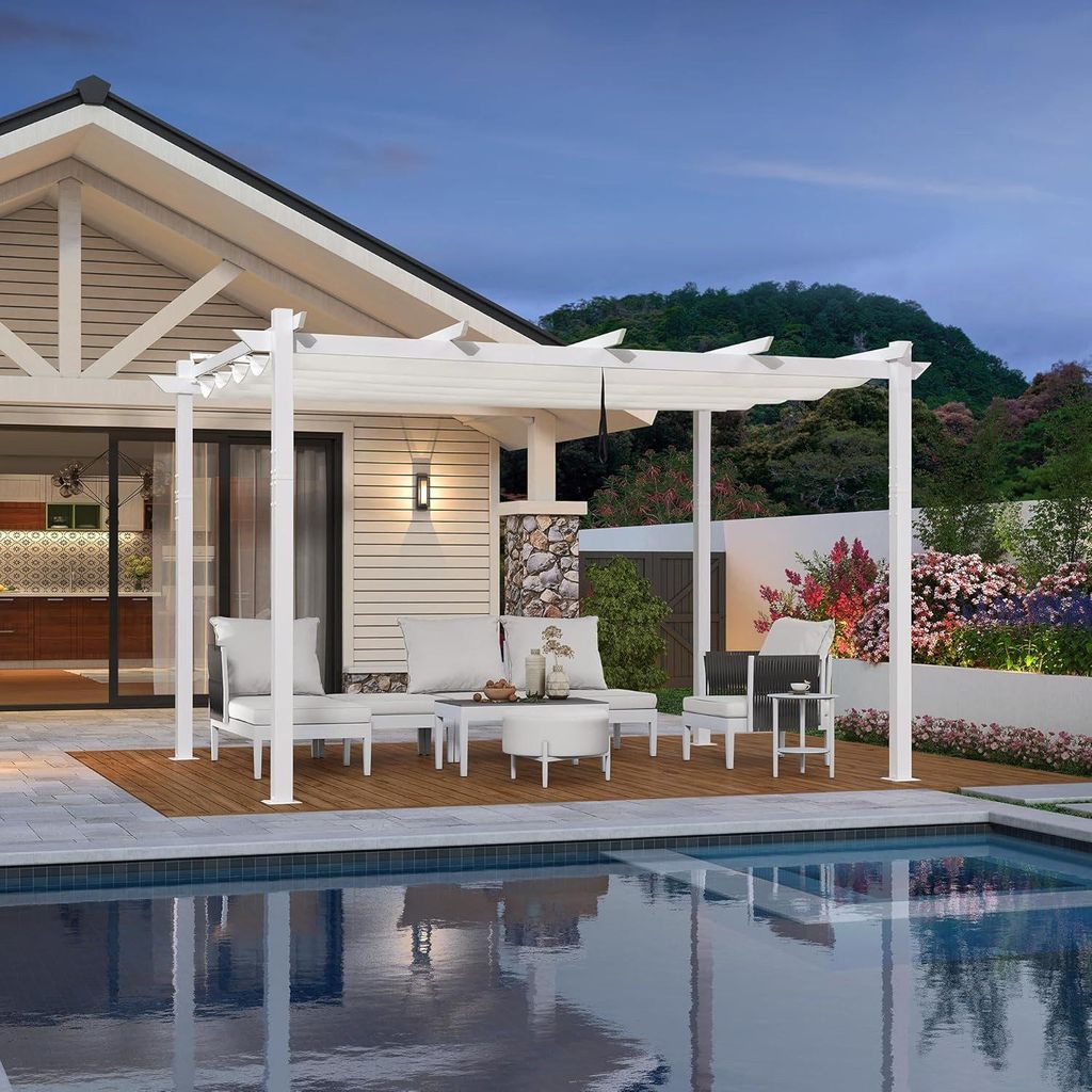 PURPLE LEAF Garten Pergola 3x4 m Aluminium Terrassenüberdachung, weißer Rahmen mit weißem Schiebedach, stabiler Pavillon mit Markisenschutz