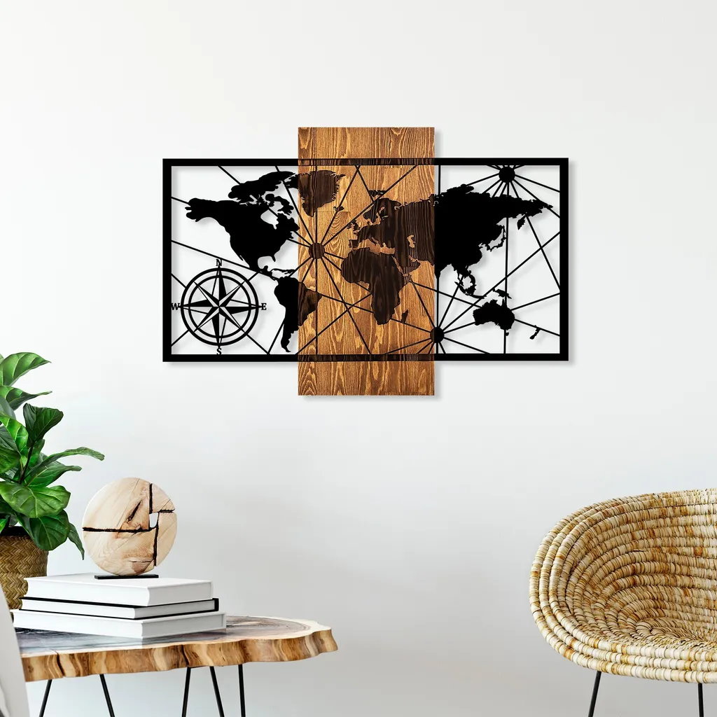 Wallity, Mappa del mondo 3-M, Accessorio decorativo da parete in legno, 100 % LEGNO / METALLO, Noce, 57 x 84 cm - 3
