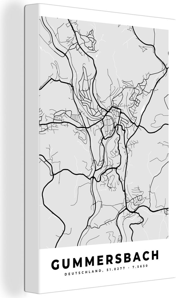 OneMillionCanvasses - Leinwandbilder - 90x140 cm, Gummersbach - Deutschland - Karte - Stadtplan, Wandbilder Kunstdruck Wanddekoration - Foto auf ...