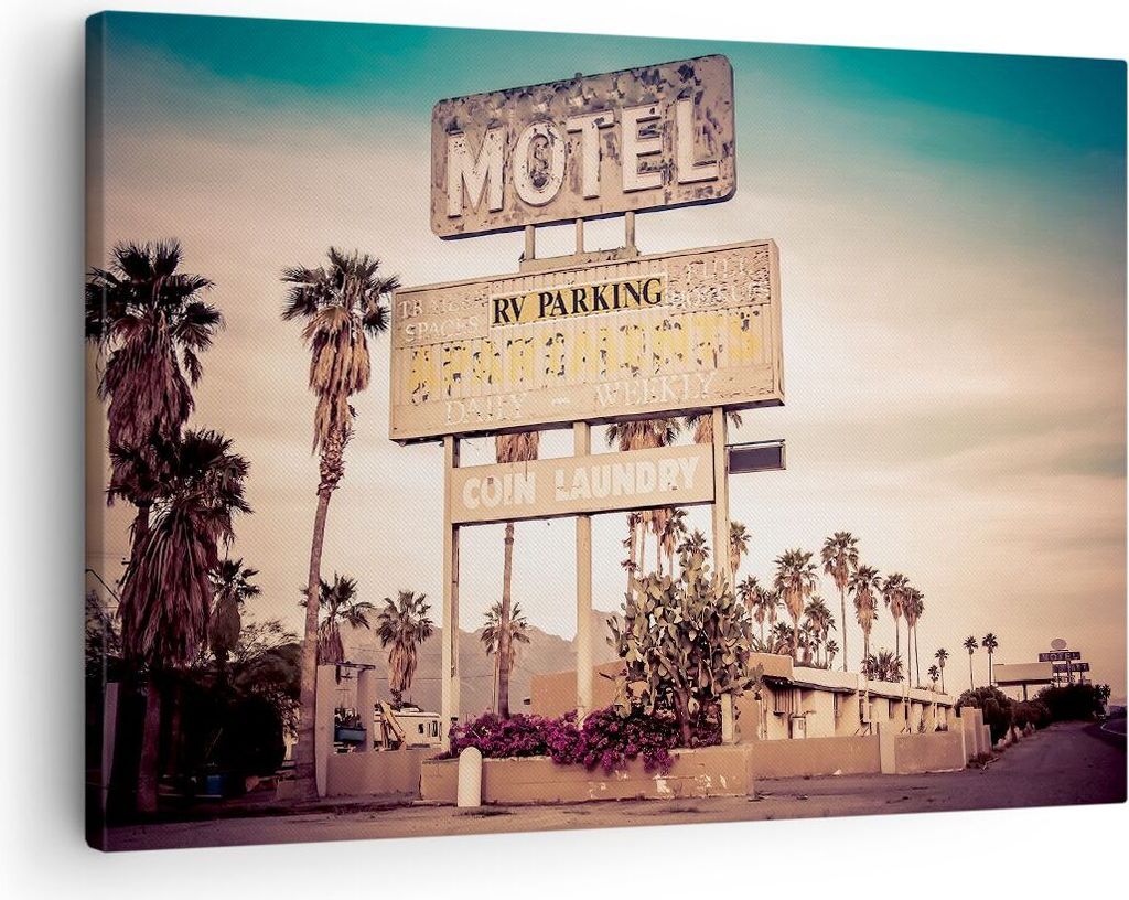 Bild auf Leinwand - Leinwandbild - Amerika Motel Straße Zeichen - 70x50cm - Wand Bild - Wanddeko - Leinwanddruck - Bilder - Kunstdruck - Wanddekor...