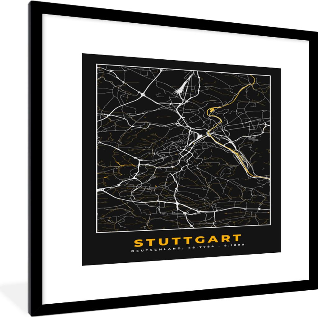 MuchoWow Gerahmtes Poster Stuttgart - Gold - Karte - Stadtplan - Deutschland 40x40 cm - Poster mit Schwarzem Bilderrahmen Wandposter Rahmen Foto ...