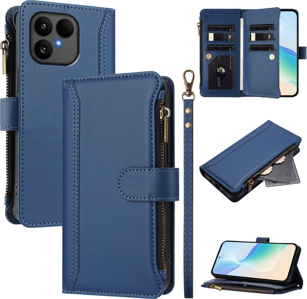 Handyhülle für Fairphone 6 Reißverschluss Geldbörse Kunstleder Klapphülle mit Kartensteckplatz, Ständer, Handschlaufe Dunkelblau