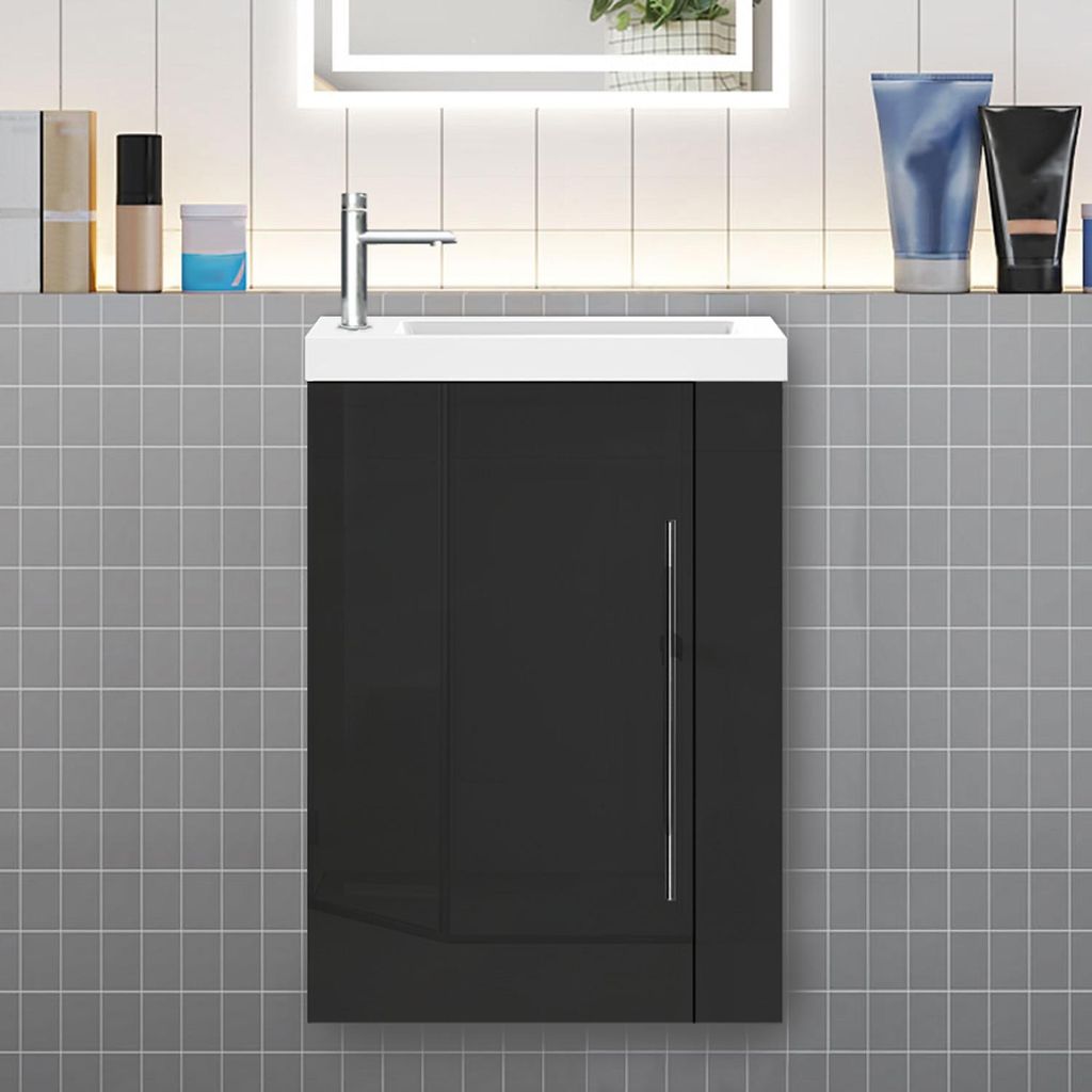 Badmöbel 45cm Mineralguss Waschtisch mit Unterschrank Hochglanz Schwarz Hängeschrank Badschrank Kleine Badezimmerschränke