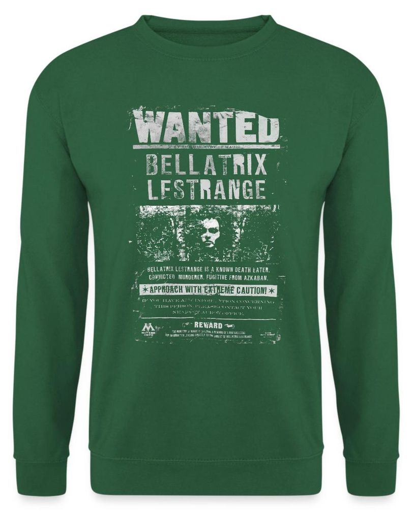 Spreadshirt Harry Potter Bellatrix Lestrange Wanted Poster Uni Pullover, M, Grün