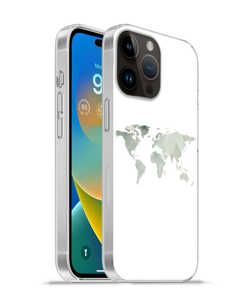 MuchoWow Handyhülle Schutzhülle Hülle für Apple iPhone 14 Pro - Softcase Weltkarte - Grün - Grau Silikon Softcase Handy Hülle - Umschlag