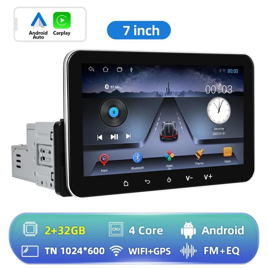 Android Autoradio - 1-DIN 17,8 cm Touchscreen - 2GB RAM 32GB ROM - 1024×600 - CarPlay & Android Auto - Bluetooth WLAN GPS - FM-Radio 4×45 W - Len...