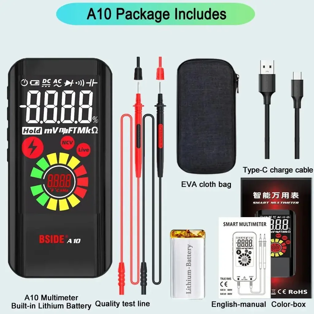Multimètre numérique BSIDE A10 avec batterie rechargeable et test EMF