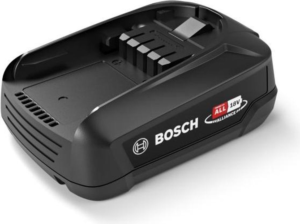 A black Bosch battery pack is shown from a diagonal angle on a white background.