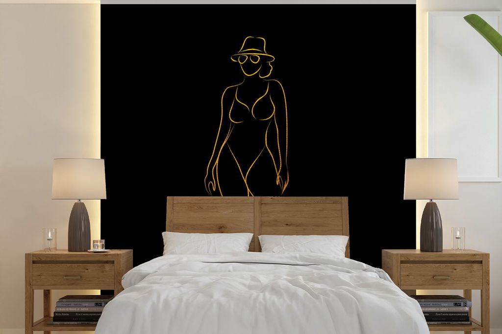 MuchoWow Fototapete für Wohnzimmer oder Schlafzimmer Wandtapete Vinyl Motivtapete Sonnenbrille - Schwarz - Gold - Linienkunst - 350x350 cm - Sch...