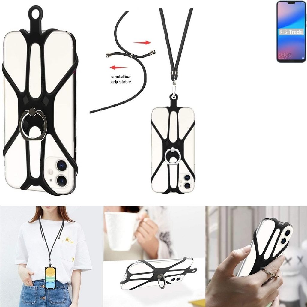 K-S-Trade 3in1 Handykette Handyband Handykordel Halsband Smartphone-Ring Handy-Ring kompatibel mit Huawei P20 Lite Single-SIM Fingerhalterung